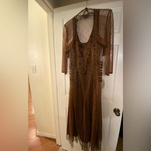 NWT, cinnamon color, long, tea length lace dress with bolero lace jacket.